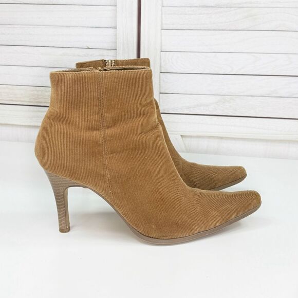 Splash Corduroy Pointed Toe Heeled Ankle Boots Carmel Tan 6.5 - Picture 1 of 12